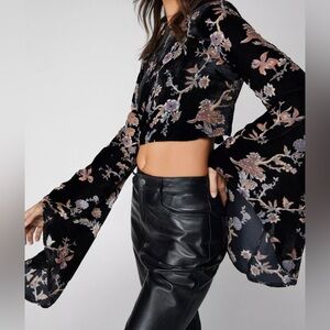 NastyGal Ditsy Floral Devore Flare Sleeve Top
